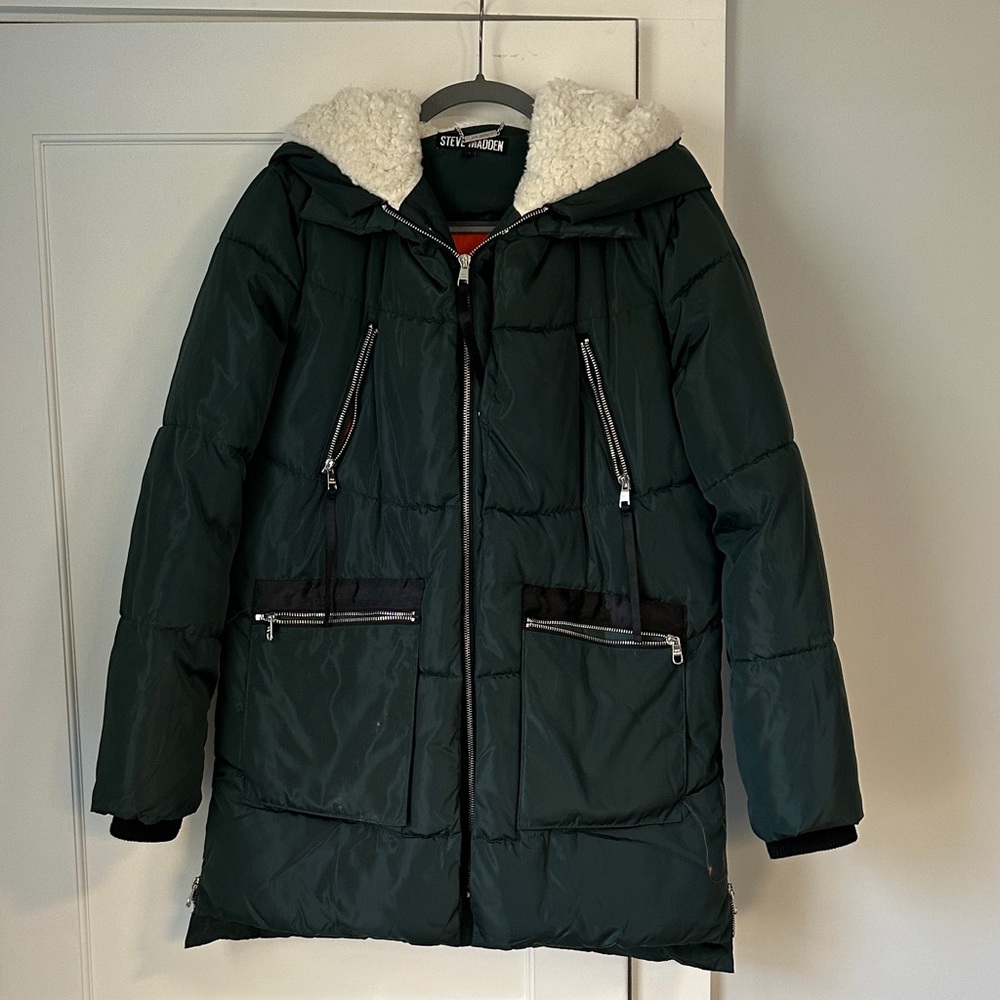 Steve Madden Dark Green Hooded Puffer Coat